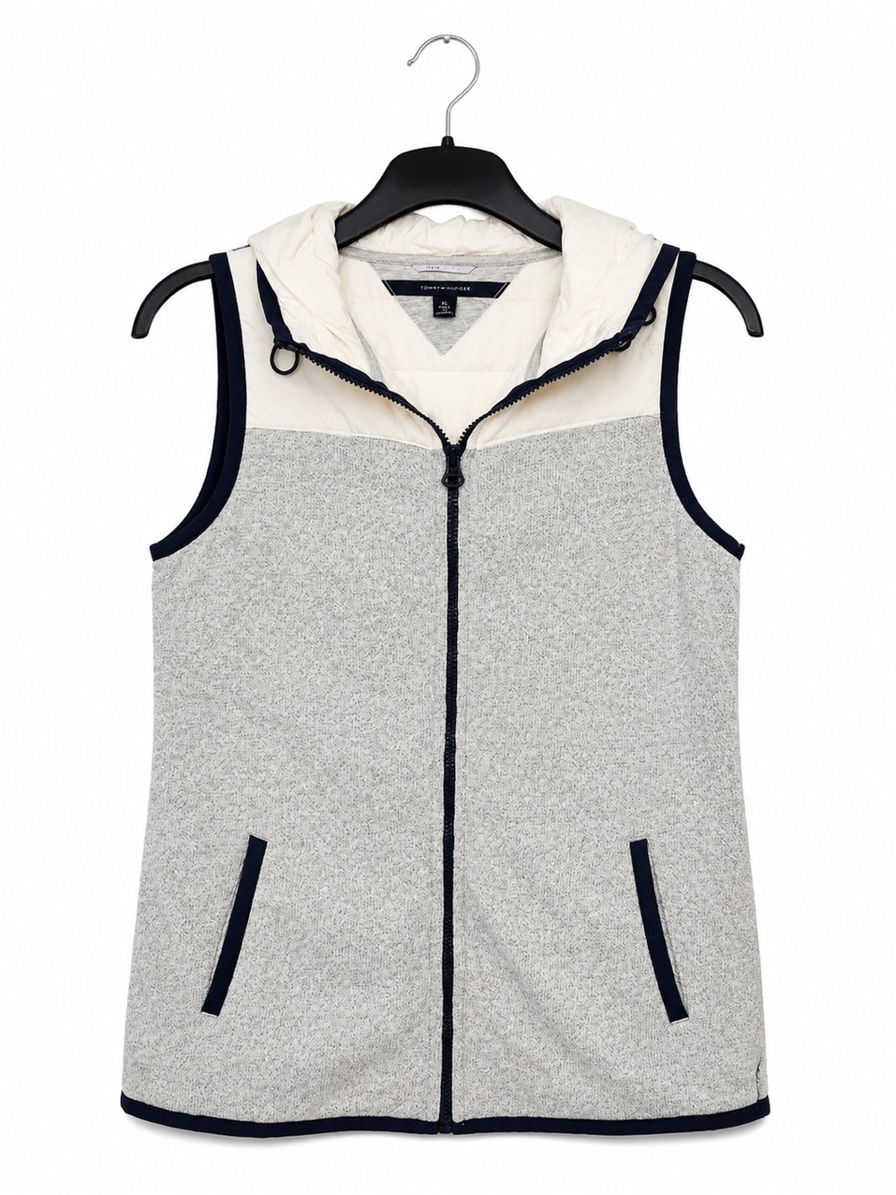 Tommy Hilfiger Hooded Fleece Vest Women’s XS Gray Cream Navy Full Zip